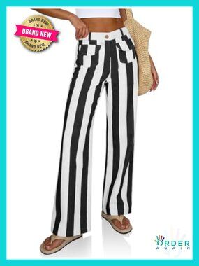Womens Striped Wide Leg High Waist Baggy Cotton Denim Jeans